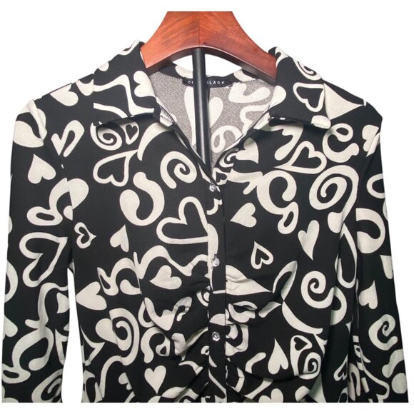 Como Black Long Sleeve Button-Up Shirt Abstract Heart Swirl Pattern Ruched Front - Picture 3 of 8